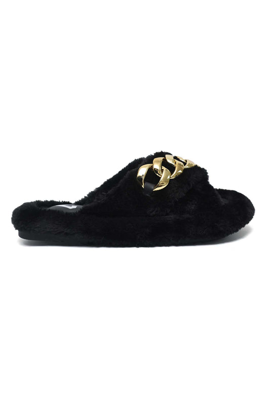 COZY CHAIN FUR SLIDE-BLACK