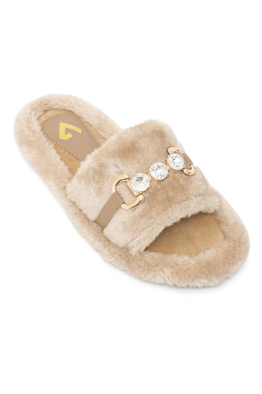 FURRY GEM SLIDE-KHAKI