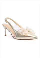 STYLISH HEELS WITH EMBELLISHED BOW-GOLD