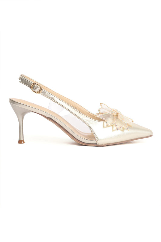 STYLISH HEELS WITH EMBELLISHED BOW-GOLD