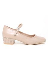 BLOCK HEELS SLINGBACK SHOES-BEIGE