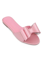 SATIN BOW ACCENT SLIDES-PINK