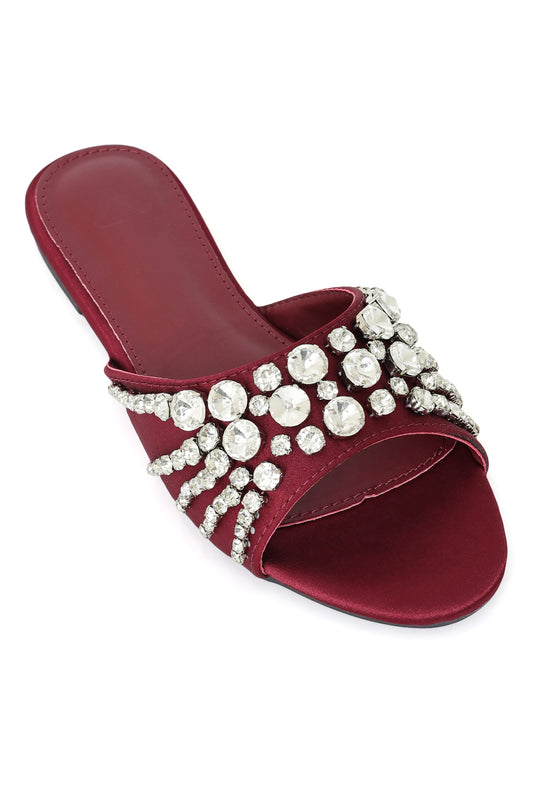 CRYSTAL BURST EMBELLISHED SLIDE-MAROON