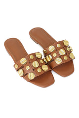 GOLD RUSH EMBELLISHED SLIDE-CAMEL