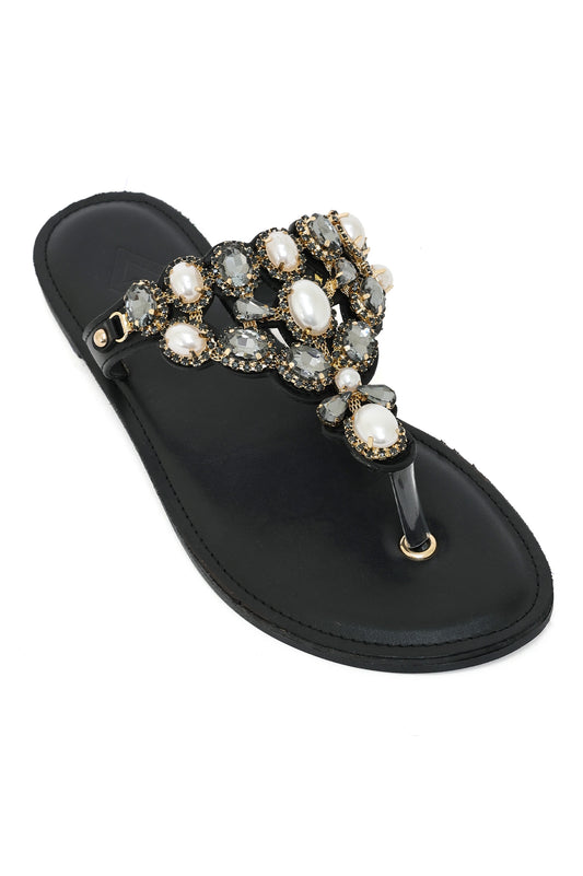 CRYSTAL BLOOM TOE RING SANDAL-BLACK