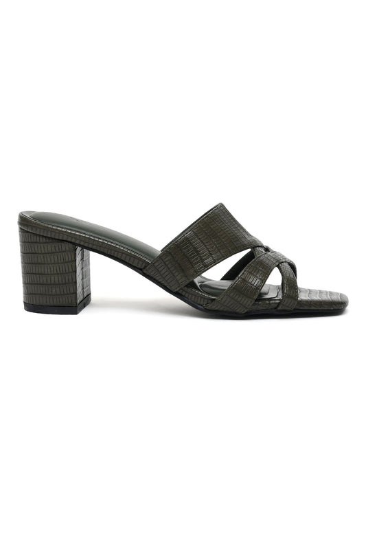 SQUARE-TOE BLOCK-HEELS-GREEN