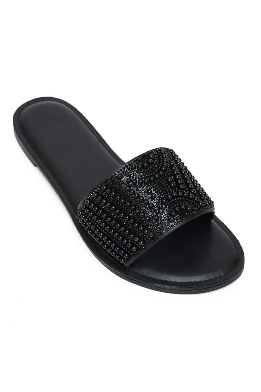 PEARL EMBELLISHED SLIDE-BLACK