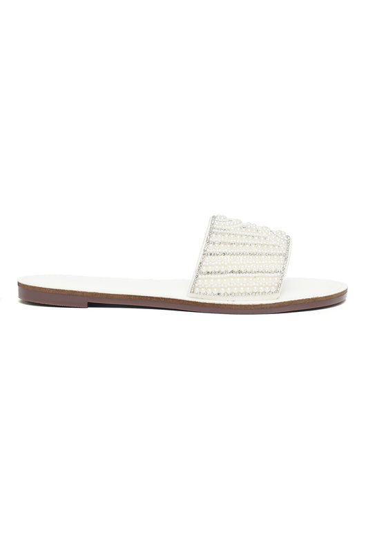 PEARL EMBELLISHED SLIDE-WHITE