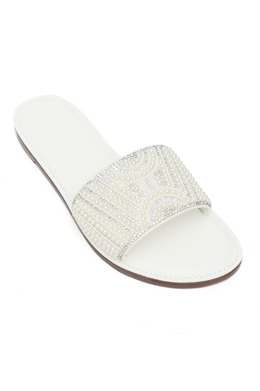 PEARL EMBELLISHED SLIDE-WHITE