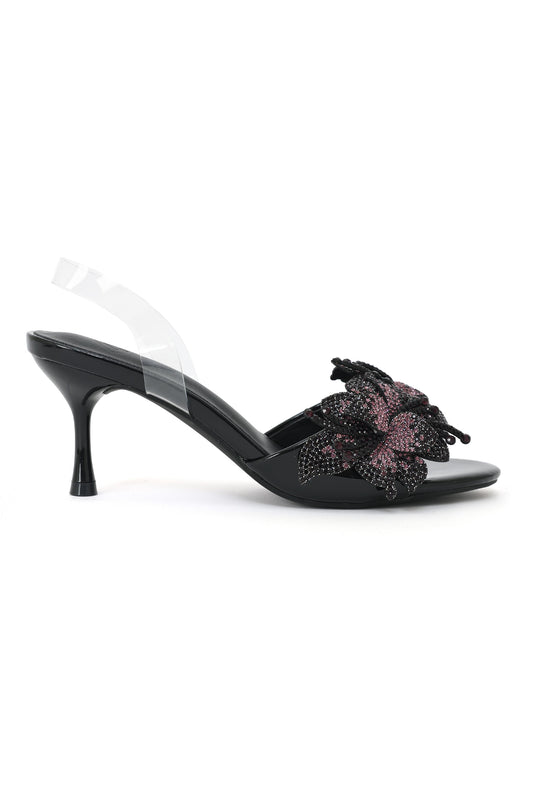 NOIR BLOSSOM SLING HEEL-BLACK