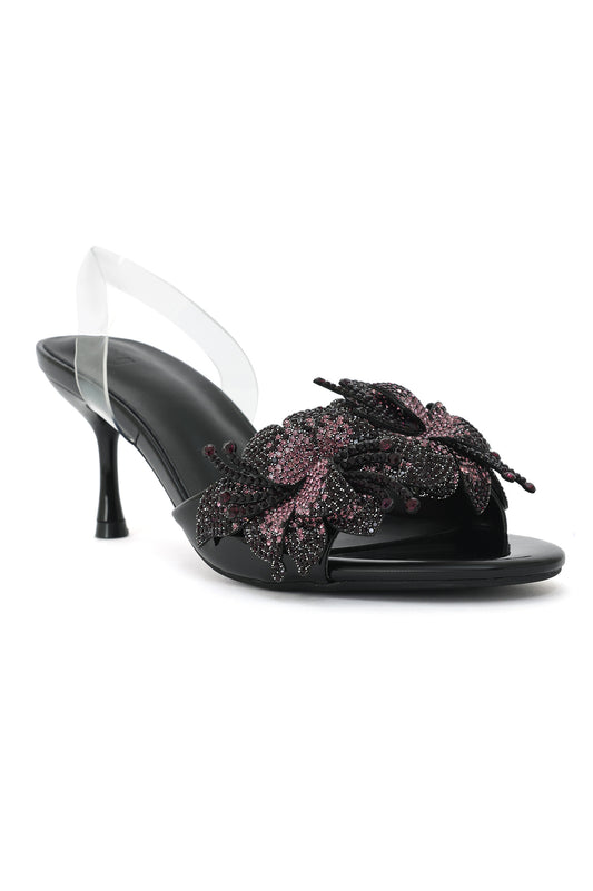 NOIR BLOSSOM SLING HEEL-BLACK