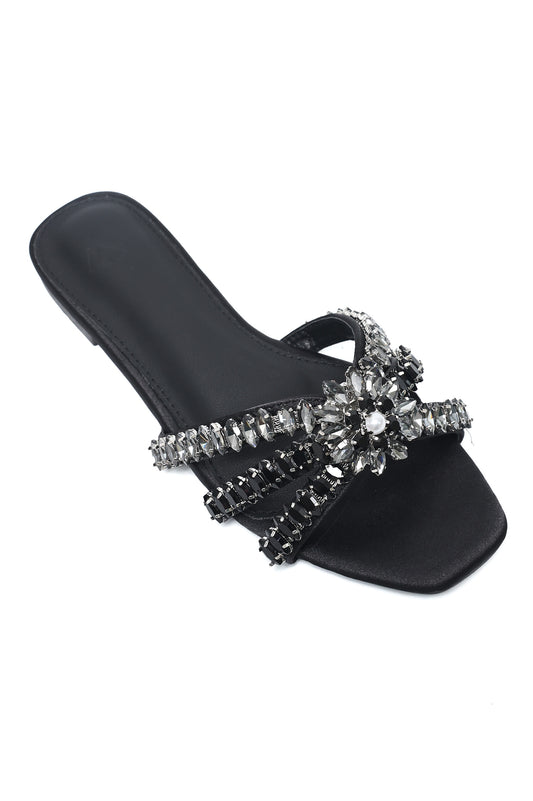 OPULENT CRYSTAL CROSS SLIDE-BLACK