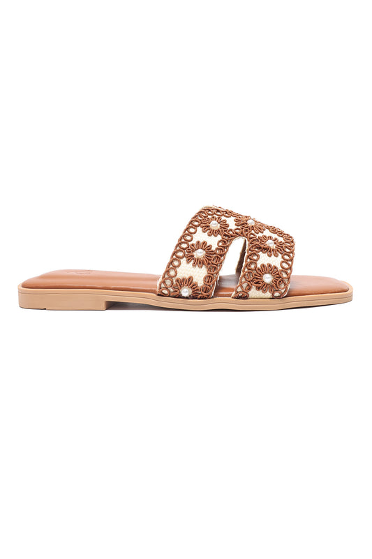 HANDCRAFTED FLORAL SLIDE-CAMEL