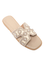 HANDCRAFTED FLORAL SLIDE-KHAKI