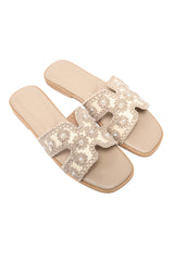 HANDCRAFTED FLORAL SLIDE-KHAKI