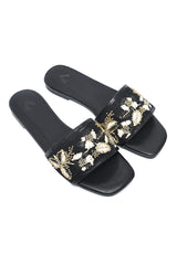 ELITE FLORAL TEXTURE CUT SLIDE-BLACK