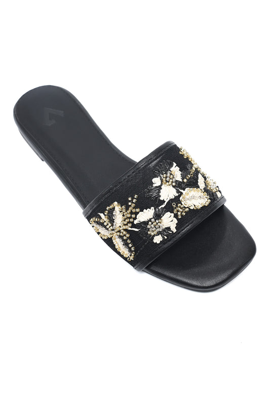 ELITE FLORAL TEXTURE CUT SLIDE-BLACK
