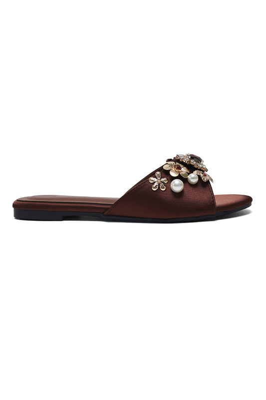 CELESTIAL BLOSSOM EMBELLISHED SLIDES-BROWN