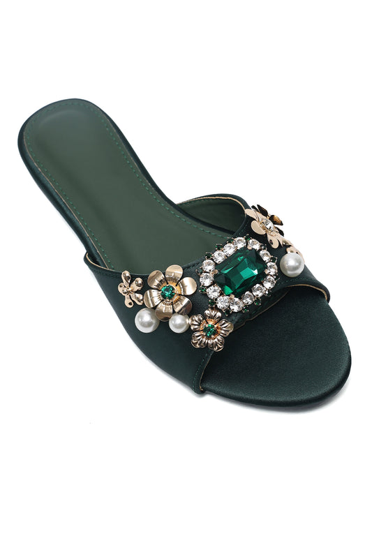 CELESTIAL BLOSSOM EMBELLISHED SLIDES-GREEN