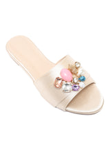 MULTI STONE EMBELLISHED SLIDE-BEIGE