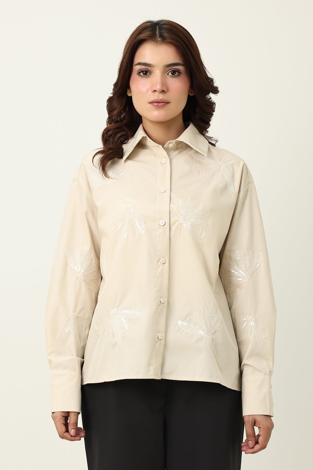 NATURE INSPIRED EMBRIODERD SHIRT-BEIGE