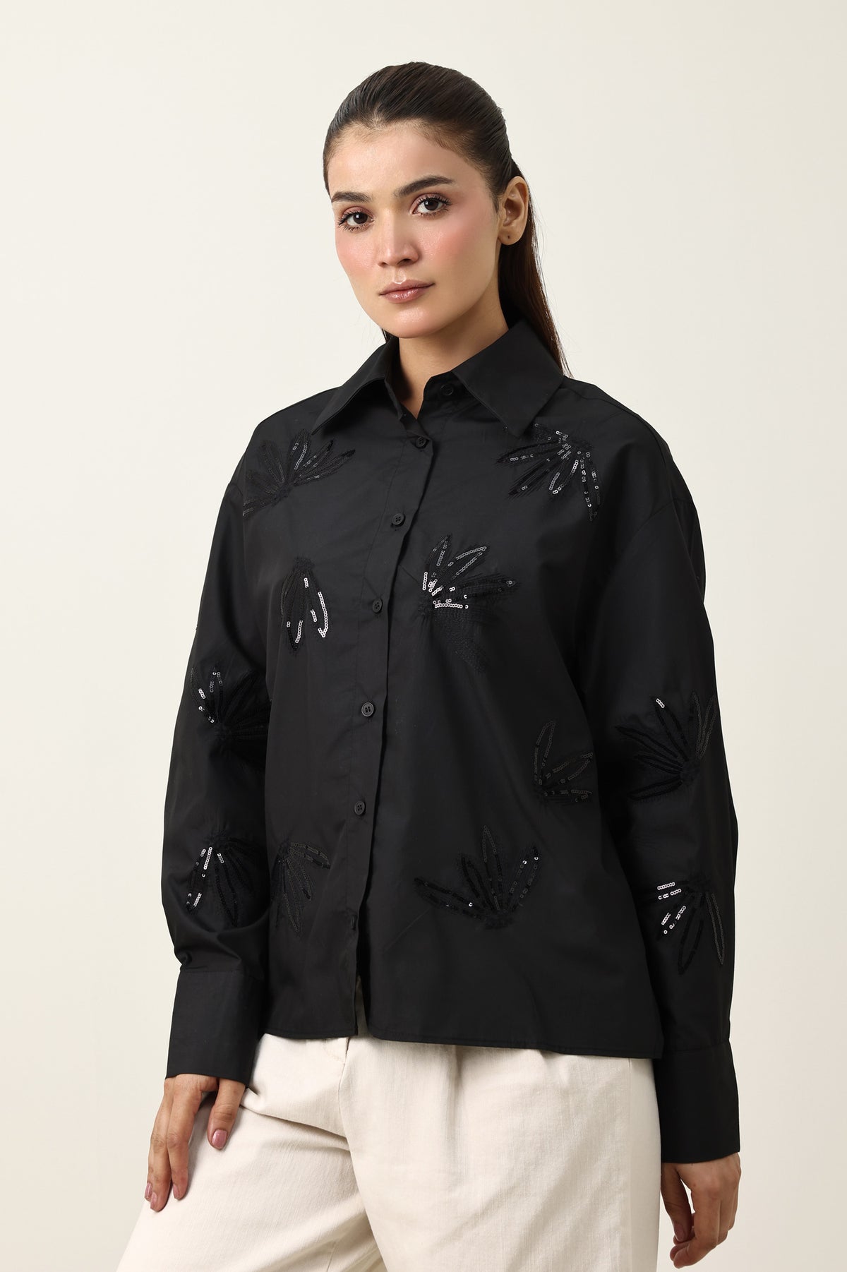 NATURE INSPIRED EMBRIODERD SHIRT-BLACK