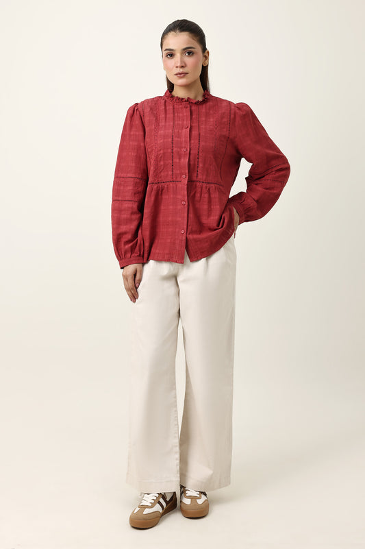 RUFFLE COLLAR SHIRT-BURGUNDY