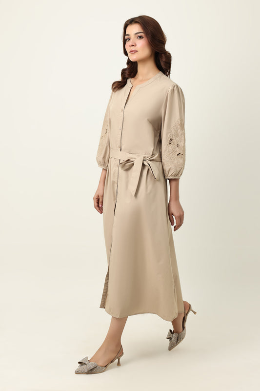 BELTED MIDI DRESS-BEIGE
