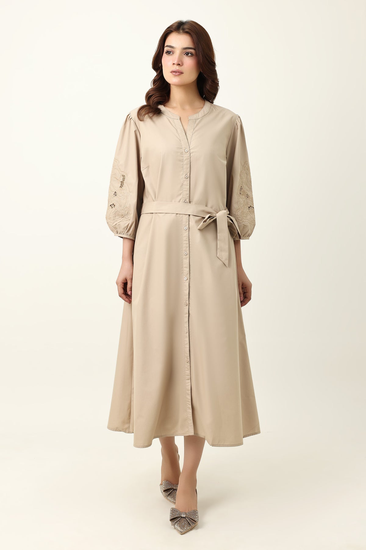 BELTED MIDI DRESS-BEIGE