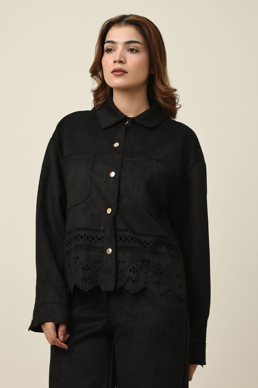 CUTWORK HEM SIGNATURE SHIRT-BLACK