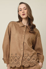 LASER SCALLOP JACKET SHIRT-BROWN