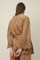ELEGANCE LASER CUT BELTED SHIRT-BROWN