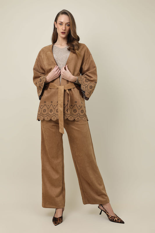 ELEGANCE LASER CUT BELTED SHIRT-BROWN