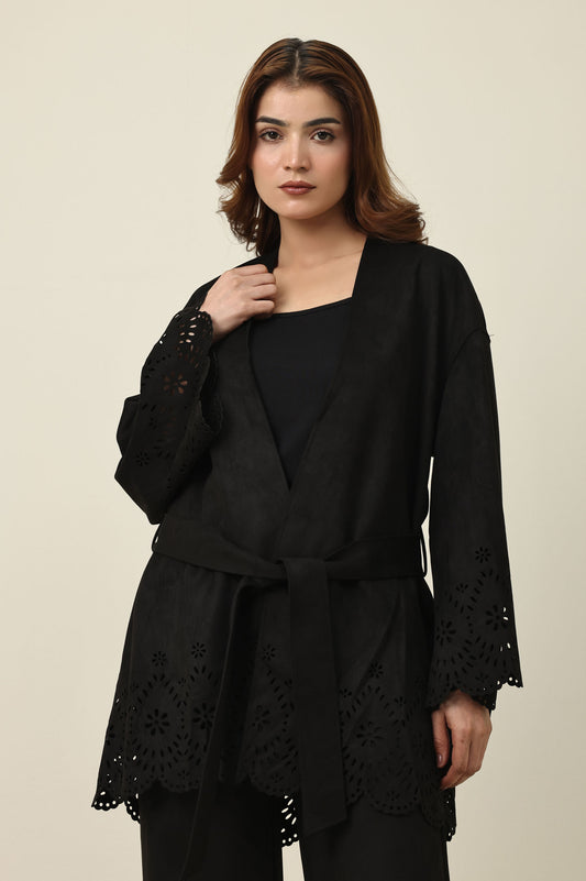 ELEGANCE LASER CUT BELTED SHIRT-BLACK