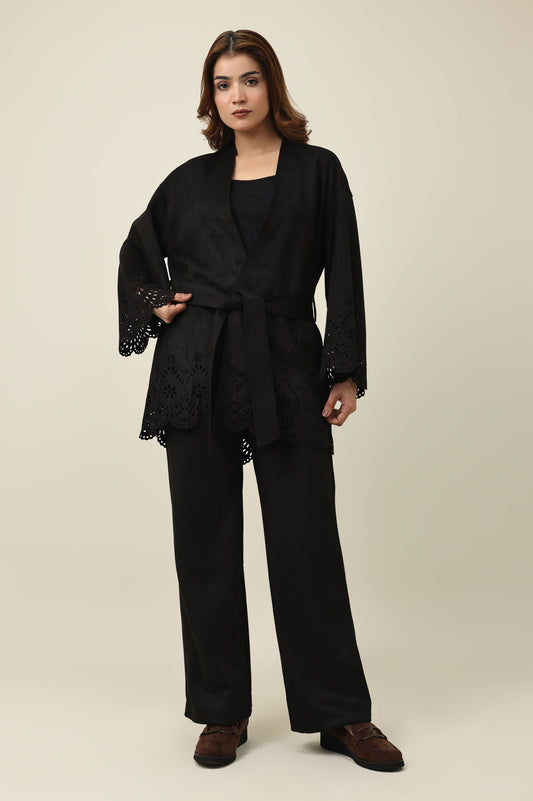 ELEGANCE LASER CUT BELTED SHIRT-BLACK