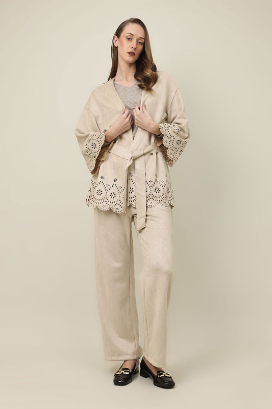 ELEGANCE LASER CUT BELTED SHIRT-BEIGE