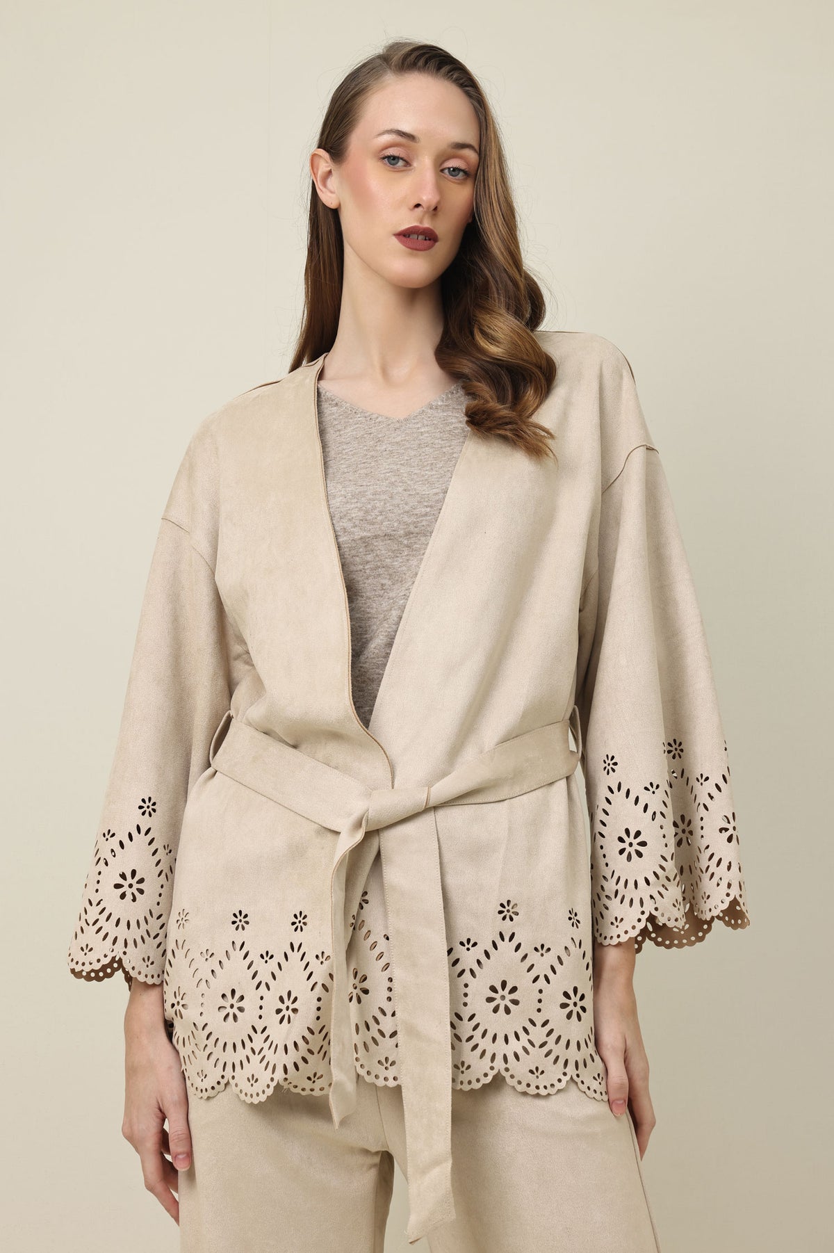 ELEGANCE LASER CUT BELTED SHIRT-BEIGE