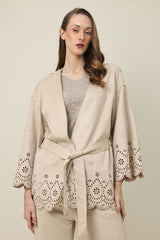 ELEGANCE LASER CUT BELTED SHIRT-BEIGE
