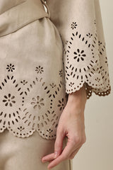 ELEGANCE LASER CUT BELTED SHIRT-BEIGE