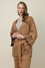 ELEGANCE LASER CUT BELTED SHIRT-BROWN