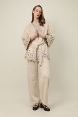 ELEGANCE LASER CUT BELTED SHIRT-BEIGE