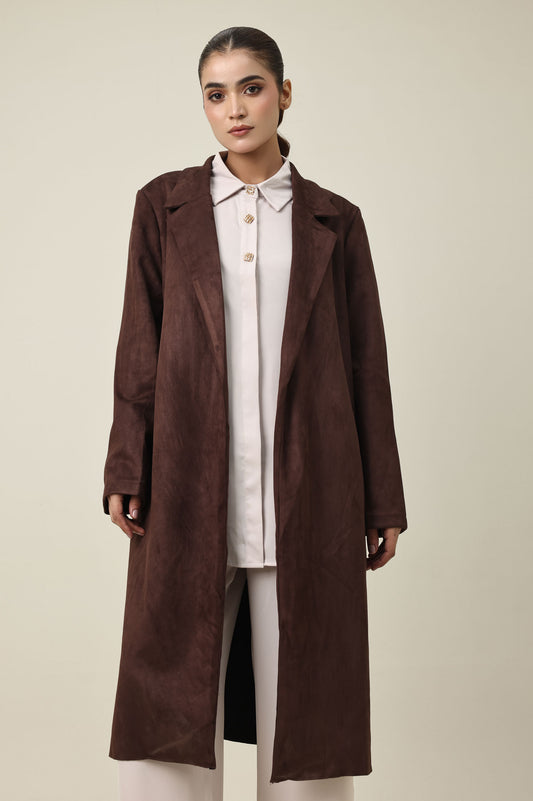 SUEDE TRACE LONG COAT-COFFEE