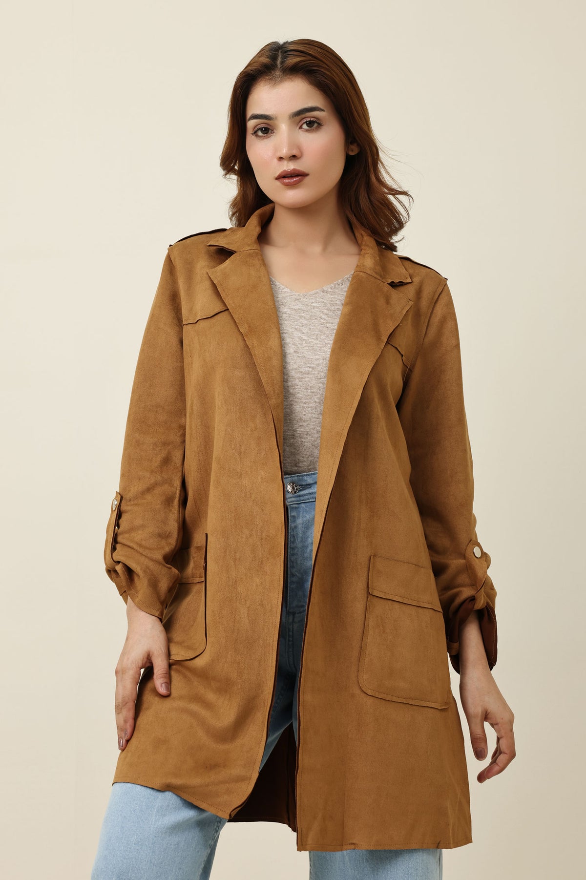 SUEDE LONGLINE COAT-BROWN