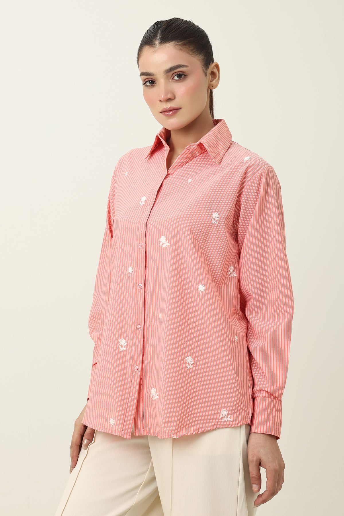 FLORAL STRIPE CLASSIC SHIRT-PEACH