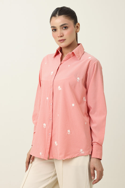 FLORAL STRIPE CLASSIC SHIRT-PEACH