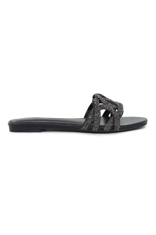 CRYSTAL GLAMOUR SLIDES-BLACK