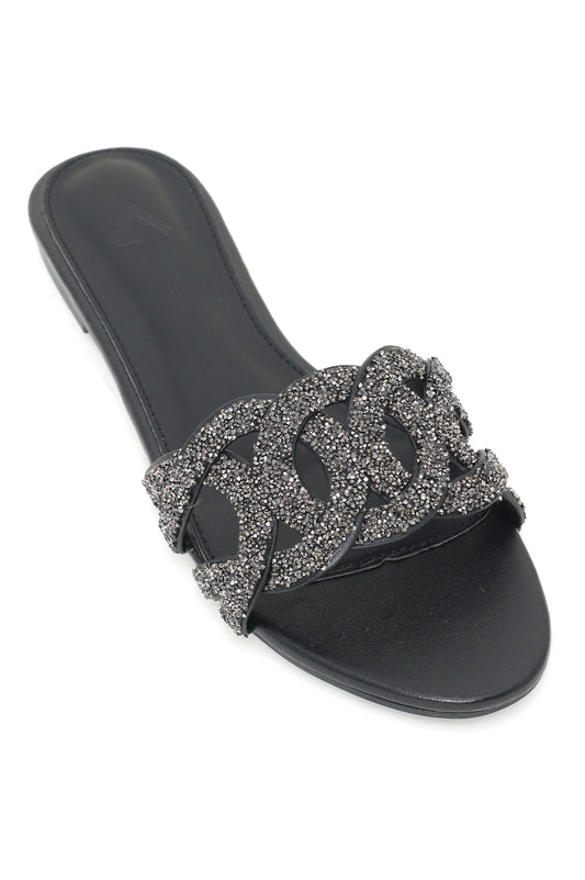 CRYSTAL GLAMOUR SLIDES-BLACK