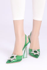 POINTED TOE CRYSTAL CLEAR HEELS-GREEN