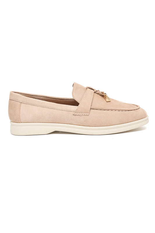 SUEDE LOAFERS WITH GOLDEN CHARM-BEIGE