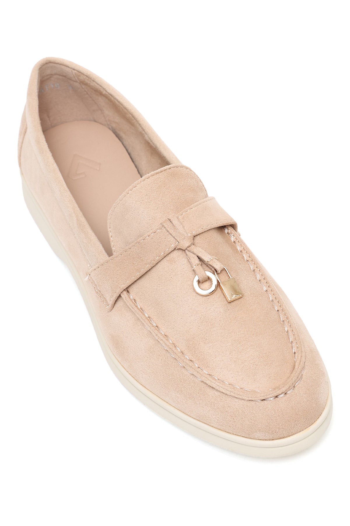 SUEDE LOAFERS WITH GOLDEN CHARM-BEIGE